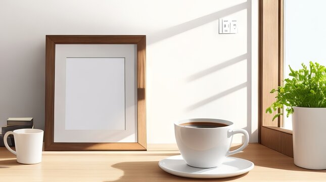 Breakfast still life scene. Cup of coffee, books and empty picture frame mockup on wooden desk, table. Elegant working space with Generative Ai Technology. © Shamim Akhtar