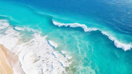Obraz premium Ocean waves on the beach as a background. Beautiful natural summer vacation holidays background. Aerial top down view of beach and sea with blue water waves with Generative Ai Technology.