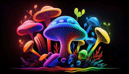 Fototapeta na wymiar Neon mushrooms on a black background. Fly agaric or hallucinogenic mushrooms.