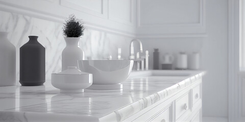Bright bathroom interior with white marble. An empty table in the foreground for displaying and showcasing your item and product.