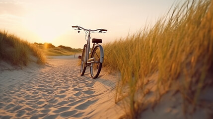 A bike is parked on a sandy path. Generative AI. Sand, grass on dunes, Baltic sea. - obrazy, fototapety, plakaty