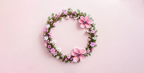 Different Flowers in wreath on pink background with copy space. Abstract natural floral frame layout with text space. Romantic feminine flatlay. Wedding, Women day, Mother Day. Generative AI