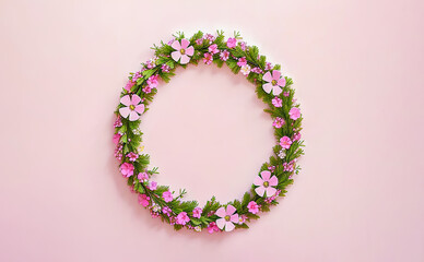 Obraz premium Wreath of flowers on pink background. Flowers composition. Wreath made of pink flowers on pink background. Flat lay, top view, copy space. Generative AI