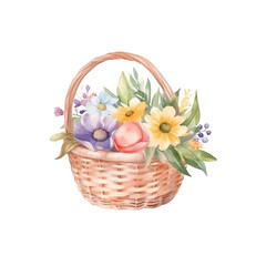 Charming Watercolor Illustration: Cute Basket Filled with Spring Flowers, transparent png background, Created by Generative AI