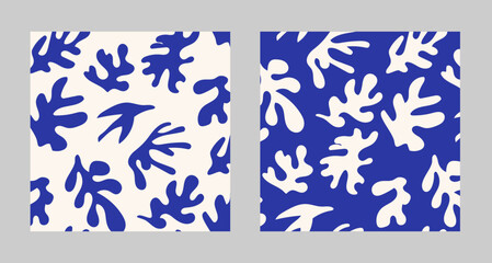 Fototapeta premium Matisse inspired curves aesthetic seamless patterns. Groovy abstract flower art. Organic floral doodle shapes in trendy naive retro hippie 60s 70s style. Botanic vector backgrounds in blue color.