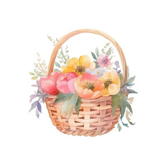 Charming Watercolor Illustration: Cute Basket Filled with Spring Flowers, transparent png background, Created by Generative AI