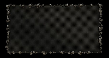 Chromed techno frame mesh background. Bronze ornament with 3d render decorative round rivets with dark industrial steampunk design