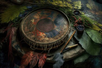 Shamanism, Magic Rituals and Practical Techniques. Magic shaman symbols and witchcraft staff still life. AI generative