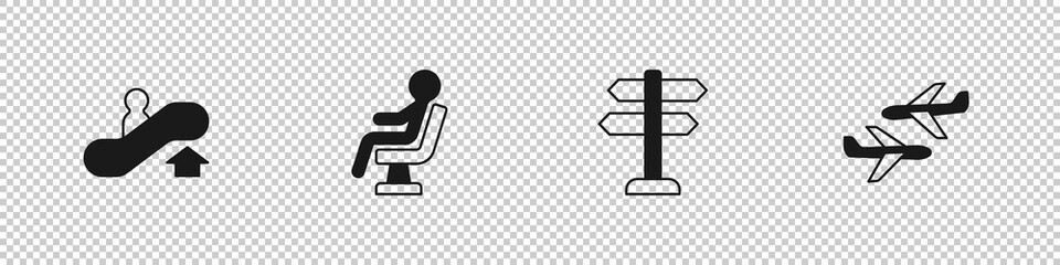 Set Escalator up, Human waiting in airport terminal, Road traffic sign and Plane icon. Vector