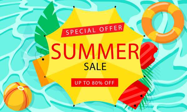 Vector flat illustration of summer seasonal sale, title summer sale on beach and sea background esp10