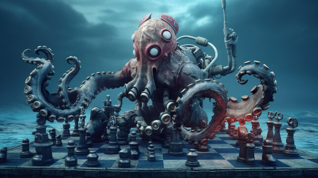 A chess board with a giant octopus on it. Generative AI.