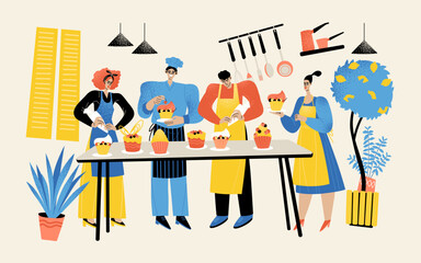 Young people prepare cakes in a cooking course led by a chef. Dessert master class with funny characters in a cozy kitchen