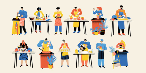 Set of vector illustrations of people preparing food. Men and women prepare soups, salads, meat dishes and desserts