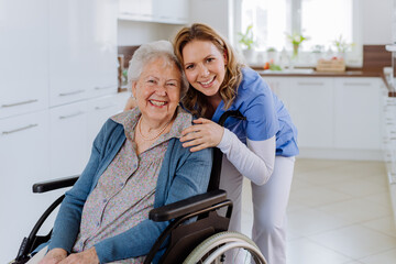 Portrait of nurse and her senior client on wheelchair.