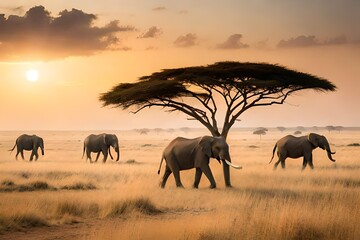 Fototapeta na wymiar herd of elephants at sunset