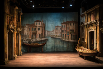 An empty theatre stage set with decorations for a play set up in old town with canal and boats. Generative AI.