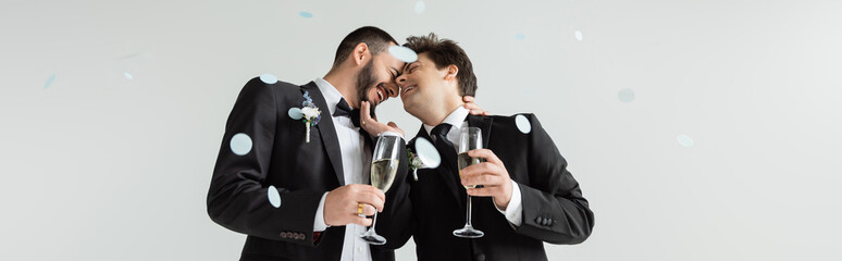 Carefree same sex grooms in classes suits touching each other and holding glasses of champagne while celebrating wedding under falling festive confetti on grey background, banner
