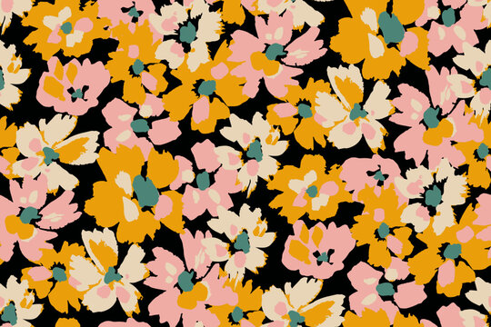 Autumn feminine seamless pattern with wildflowers in orange and brown tones
