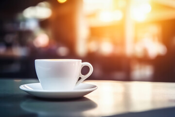 Closeup of white coffee cup on cafe table top against blurred background. Generative AI. 