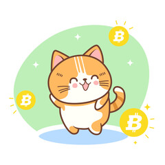 Vector kawaii cute cat mascot with gold coin bitcoin illustration rich cat BTC	
