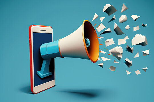 Cell phone and megaphone, megaphone on mobile phone screen, blue background, Generative AI	
