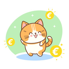 Vector kawaii cute cat mascot with gold coin euro illustration rich cat EUR	