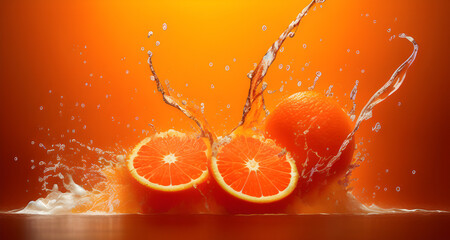 Éclaboussures d'eau sur une orange fraîche,IA générative. - obrazy, fototapety, plakaty