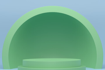Pastel green cylinder podium with steps on blue background