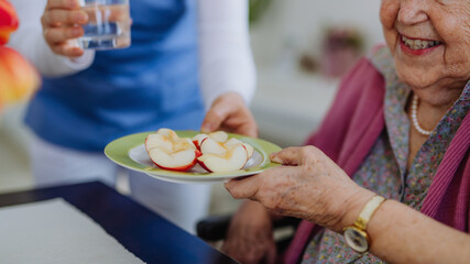 Nurse giving fruit snack to senior woman.