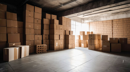 Cardboard boxes in stock. Parcel warehouse. Delivery. 3D rendering, toned image. Generated AI
