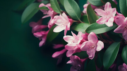 Pink rhododendron flowers with green leaves on dark background. Generated AI
