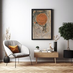 a cozy living room with a modern chair and abstract painting on the wall, Generative AI