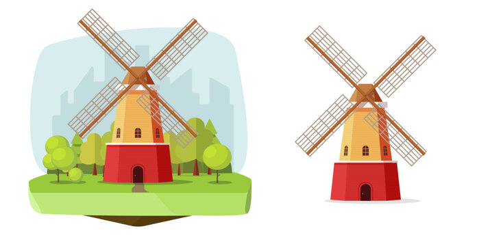 Mill dutch farm vector flour windmill flat graphic design illustration on field and isolated clipart cartoon image, wooden old retro wind fan scene clip art