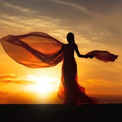 a woman posing with a scarf in front of a colorful sunset