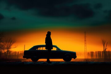 Fototapeta na wymiar a silhouette person standing on the roof of a car against a vibrant sunset background, Generative AI
