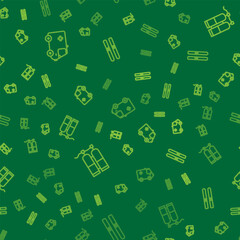 Set line Ambulance and emergency car, Aqualung and Ski sticks on seamless pattern. Vector