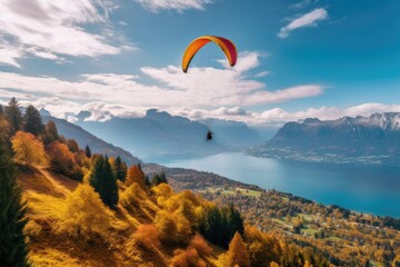 a paraglider soaring over a majestic mountain range