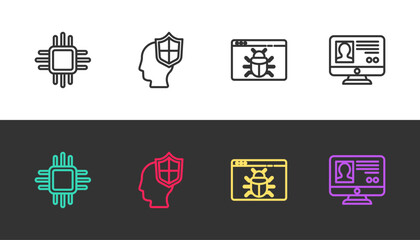Set line Processor with microcircuits CPU, Head shield, System bug and Create account screen on black and white. Vector