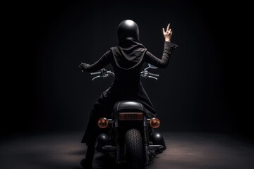 Naklejka na ściany i meble a motorcyclist in a sleek black outfit riding on an open road, Generative AI