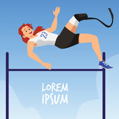 Squared banner with disabled woman high-jumping athlete flat style