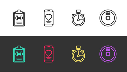 Set line Sport training program, Mobile with heart rate, Stopwatch and Weight plate on black and white. Vector