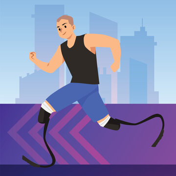 Squared banner with running disabled man athlete flat style