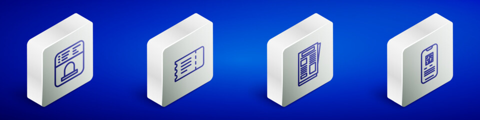 Set Isometric line Ticket office to buy tickets, Train, News and E-ticket train icon. Vector