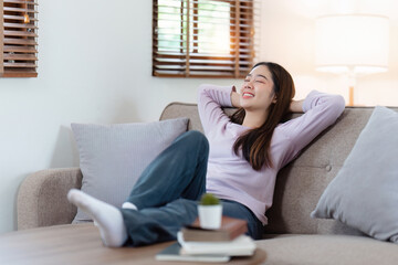 Attractive Asian woman resting comfortable living room and sleep, Relax, Sofa, Lifestyle