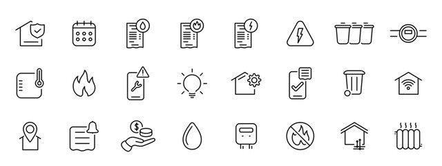 Gas, electricity, water public utilities line icon set. Editable stroke illustration
