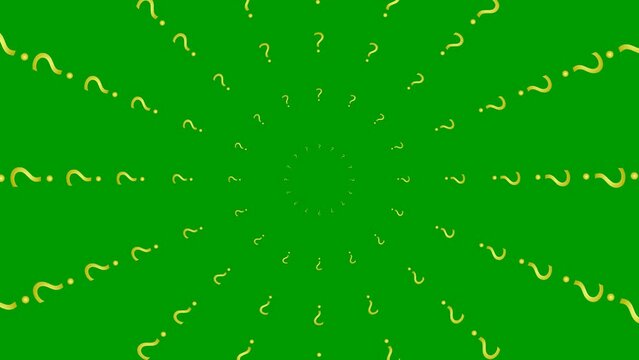 Animated increasing golden question mark circles from the center. Symbols are sprayed. Looped video. Flat vector illustration isolated on green background.