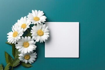 Blank White Card On Teal Background With Chamomile Postcard. Generative AI