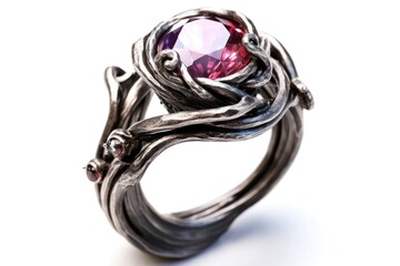 Artistic Ring With Featuring Swirling Lines And Vibrant Gemstone White Background. Generative AI