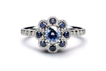 A Vintageinspired Ring A Cluster Of Sapphires In A Halo Of Diamonds White Background. Generative AI