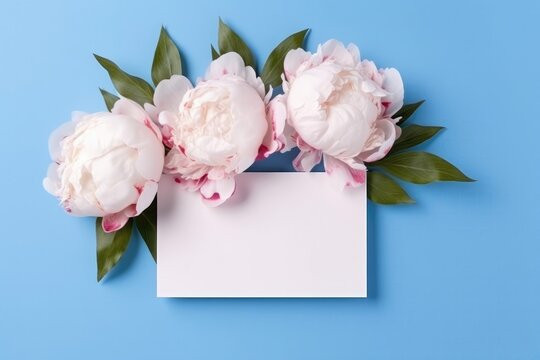 Blank White Card On Pastel Pink And Blue Background With Peonies Postcard. Generative AI